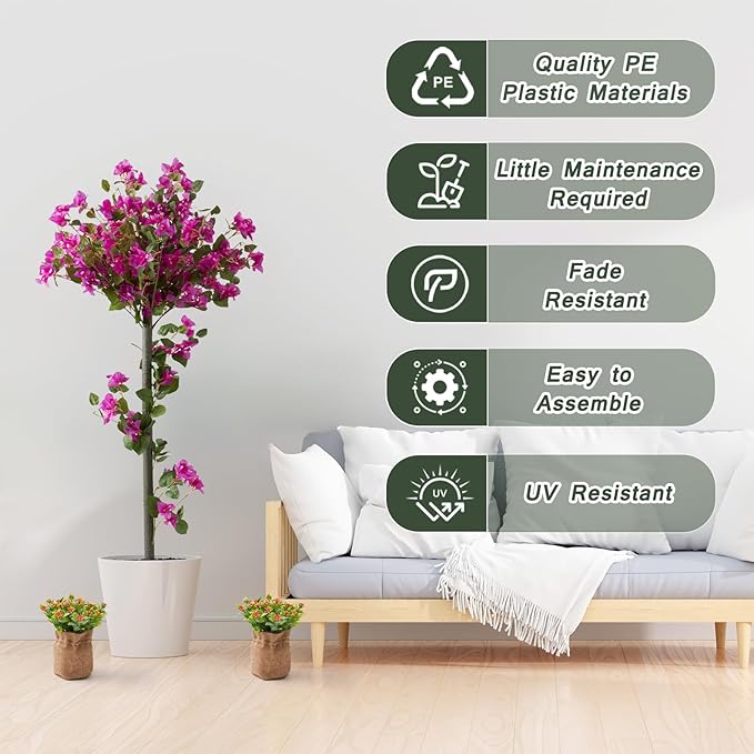 MGWILL 4FT Artificial Bougainvillea Tree, Set of 2 Faux Silk Floral Blooming Tree with Ground Spike, Decorative Topiary Plant, Fake Flowers Plants for Indoor Outdoor Porch Decor