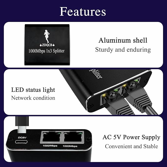 Ethernet Splitter 1 to 3, High Speed Internet & Ethernet Switch for Cat5, Cat5e, Cat6, Cat 7 Cable (1000Mbps)