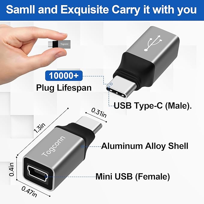 Mini USB to USB C Adapter 2 Pack, Mini USB (Female) to USB Type-C (Male) Converter Connector,Support Charging & Data Transfer Compatible with Samsung Galaxy S10/S9, Note 9/8 and More USB Type-C device