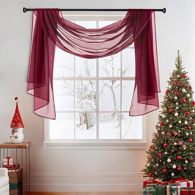 MIULEE Christmas Sheer Window Scarf Valance, Voile Topper Long Window Treatment, Wedding Arch Drapes for Ceremony Canopy Bed, Swag Curtain Scarf Decoration One Panel, 54 x 144 Inches Long, Maroon Red