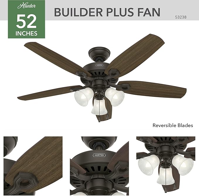 Hunter 52 inch Indoor Ceiling Fan with LED Lights - Bronze Ceiling Fan with Pull Chain, For Bedroom or Living Room, Standard Mount, No Remote, 5 Blades, Includes Bulbs - Builder Plus 53238, New Bronze
