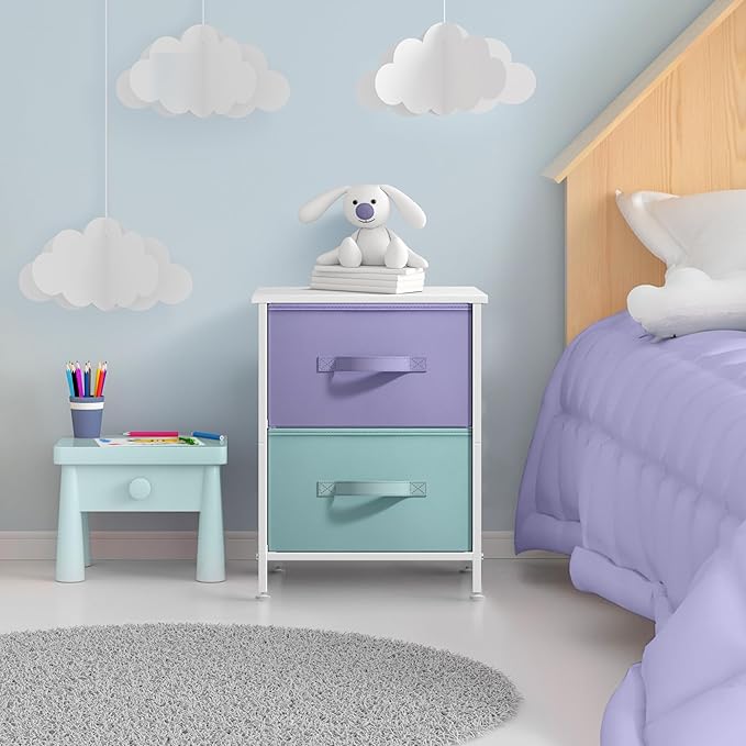 Sorbus Nightstand with 2 Drawers - Kids Bedside Furniture End Table Night Stand - Steel Frame, Wood Top & Easy Pull Fabric Bins - Dresser & Chest for Home, Bedroom Accessories, Office & College Dorm