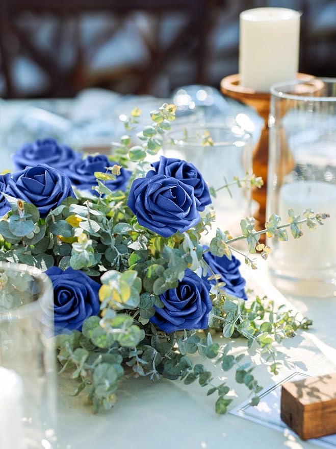MACTING Artificial Flower Roses 30PCS Real Touch Fake Flowers with Stem Foam Roses for DIY Wedding Bouquets Backdrop Party Bridal Shower Spring Home Mothers Day Decorations(Dark Royal Blue)