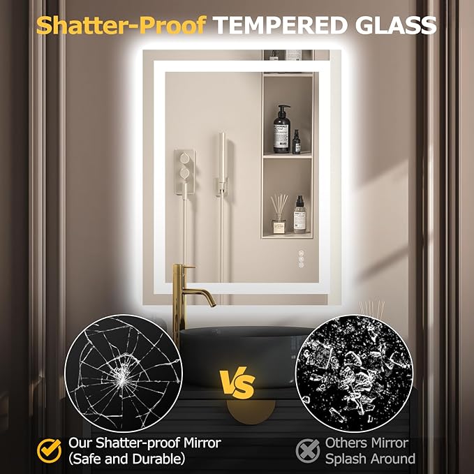 28X36 LED Bathroom Mirror with Lights, Anti-Fog, Dimmable, Backlit + Front Lit, Smart Bathroom Vanity Mirror, Memory Function, Shatterproof, Tempered Glass (Horizontal/Vertical)