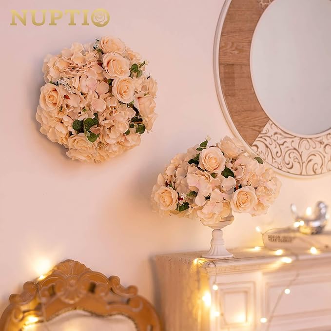 NUPTIO Flower Ball Arrangement Bouquet - 10 Pcs 15.7 inch Diameter Champagne Fake Flowers Roses Balls for Centerpieces Tables - Artificial Rose Arrangements for Wedding Centerpiece Table Decorations