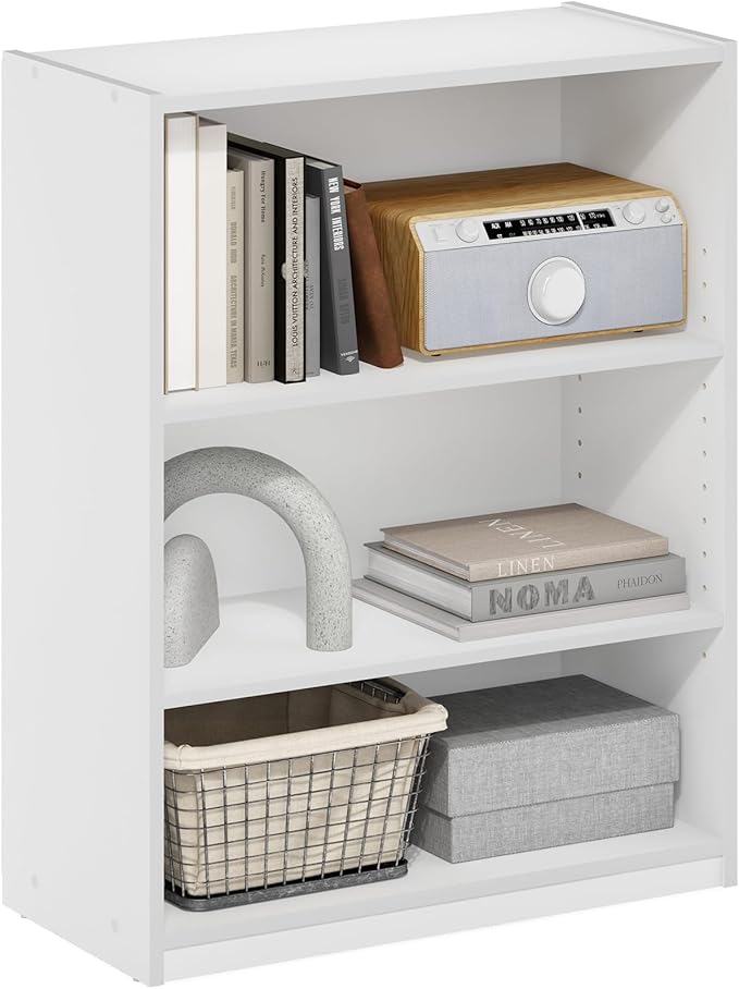 Furinno GEHRY Book Shelf, 3-Tier Bookshelf, Bookcase with Adjustable Shelves, 11.6 x 24.8 x 31.6, for Living Room, Bedroom, Home Office, White