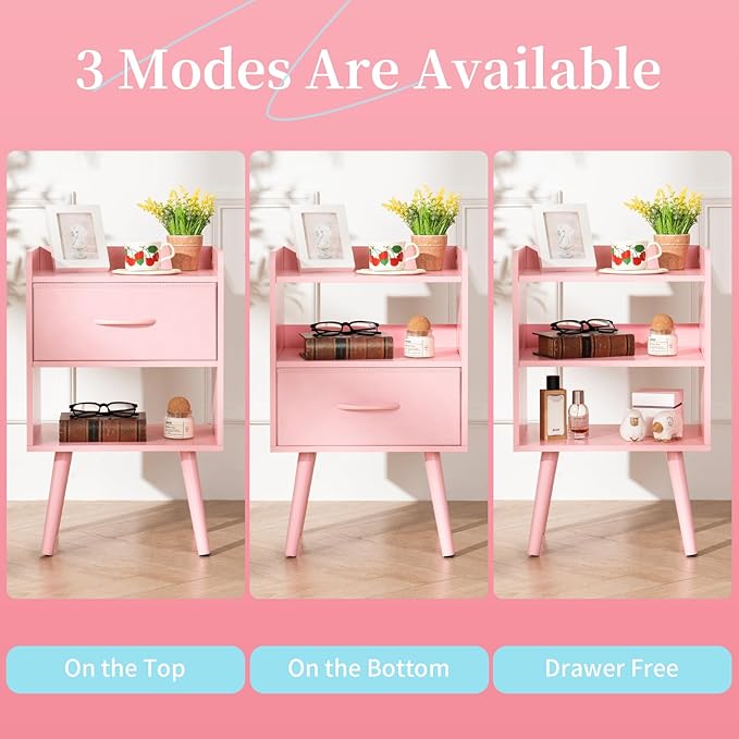 Yoobure Night Stand with Fabric Drawer, Modern Nightstand, Bedside Tables, Mid Century Nightstands with Open Storage Shelf, Wood Bedside Table, Small Night Stands for Bedrooms, 2-Tier Night Table