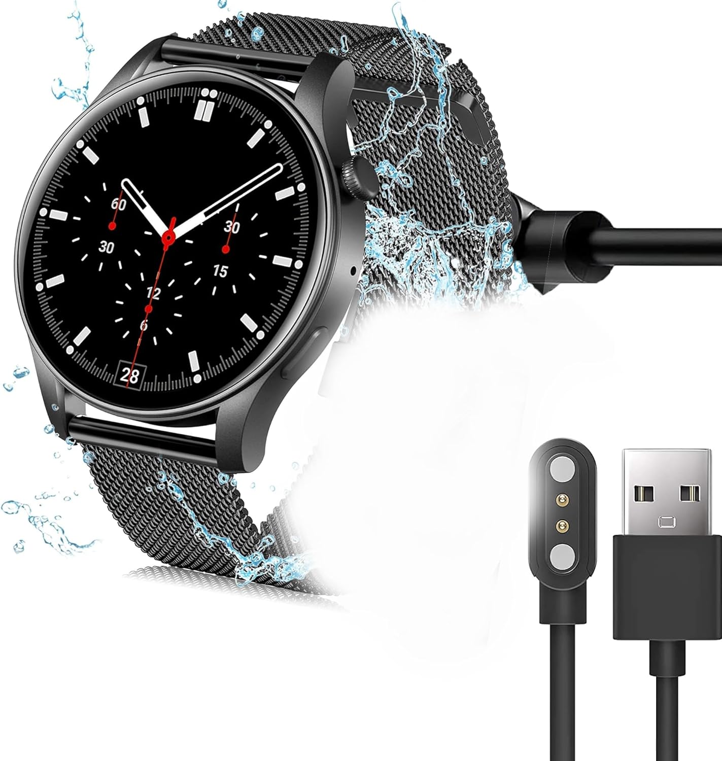 Lamshaw Magnetic USB Charging Cable Replacement Charger for VKAROOD KC88 Smart Watch, 1.43 Inches (2 Pack-Black+White)