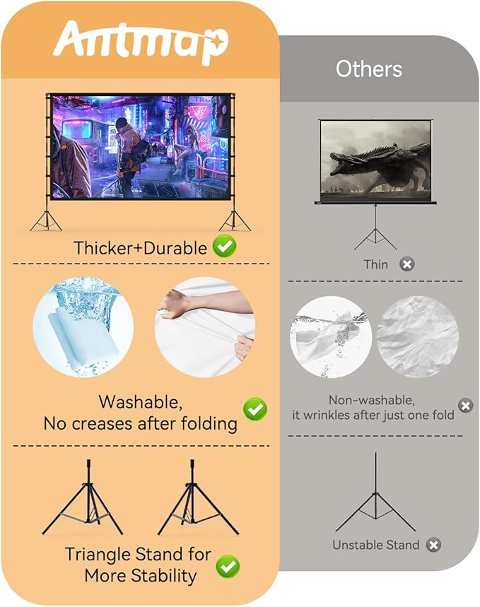 120 inch Outdoor Projector Screen with Stand, 16:9 Foldable Anti-Crease with Carrying Bag, Movie Portable Projector Screen for Outdoor Indoor Home Theater, Office, Classroom, Party, Games