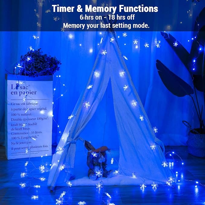 BrizLabs Blue Snowflake Lights, 40 LED 16.08ft Snow Flake Christmas String With Remote, Battery Twinkle, 8 Modes Xmas Waterproof for Outdoor Indoor Wedding Party Window Decor