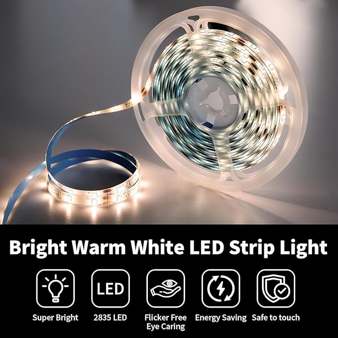 iNextStation Warm White LED Strip Light, 16.4ft 5M 2835 SMD 300 LEDs 12V Flexible Cuttable LED Tape Light for Bedroom Kitchen Cabinet Wardrobe TV (Power Adapter Included)