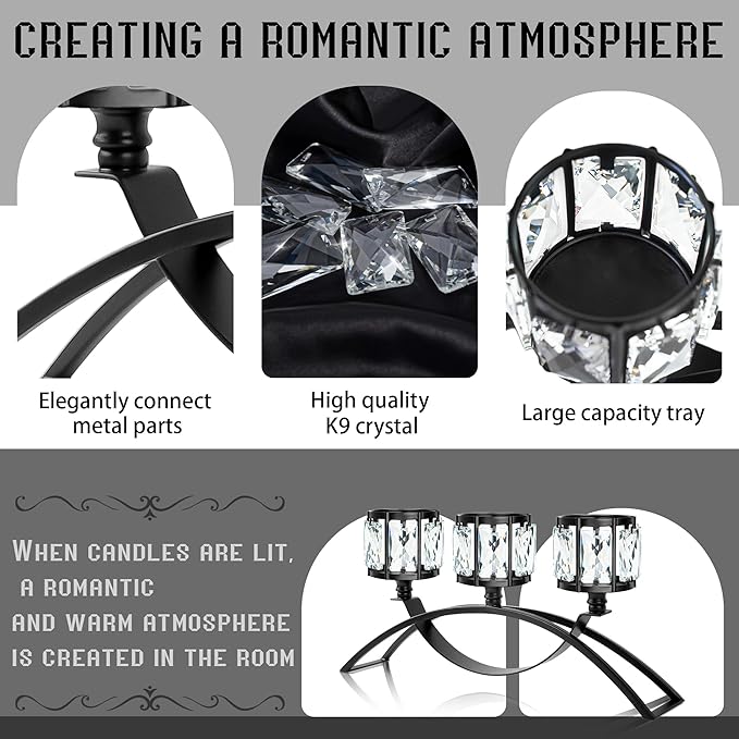 Black 3-Arm Crystal Candle Holders Arched - Elegant Tabletop Candelabra Centerpiece for Weddings, Dining Room Decor, Modern Home & Cabinet Display Housewarming