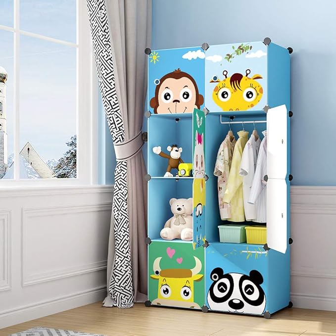 MAGINELS Children Wardrobe Kid Dresser Cute Baby Portable Closet Bedroom Armoire Clothes Hanging Storage Rack Cube Organizer(Blue, 6 Cube & 1 Rod)