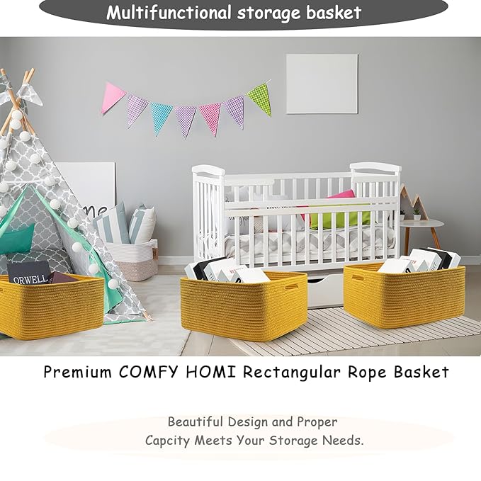 COMFY-HOMI Cotton Rope Woven Basket with Handles for Shelves,Toys,Book, Cloth Storage Baskets for Organizing-17" x 13" x 7.5" Toy Decorative Organizer for Living Room, Bathroom （Yellow）