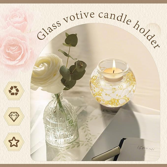 16 Pcs Glass Clear Votive Floating Candle Holders with 8 Pcs Bright Pearl String Beads, Tealight Bowl Candle Holder Bulk for Wedding Centerpiece Home Bridal Shower Party Decor (Gold)