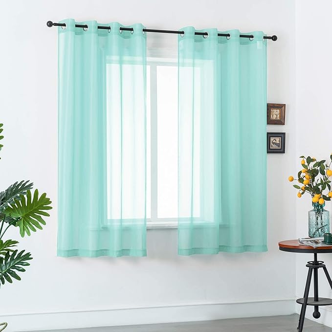DUALIFE Aqua Sheer Curtains 63 Inch Length 2 Panels Set Grommet Window Drapes Voile Curtains Bay Window Aqua Seafoam Sheer Curtain for Baby Bedroom Nursery 52X63 Inches