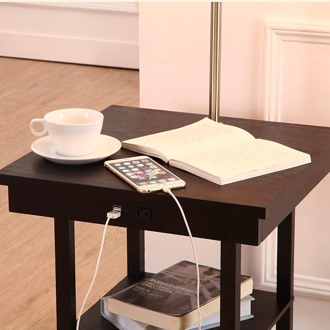 Brightech Madison Side Table with Lamp Combo with LED Bulb, Desk Lamp with USB Port, Bedside Reading Lamp, Modern End Table with Floor Lamp for Bedroom, Living Room, Office - Black with White Shade