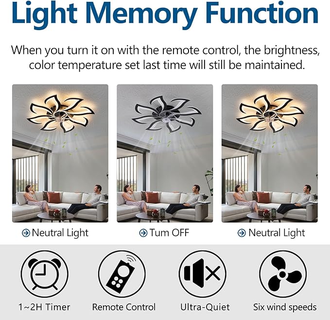 Modern Ceiling Fan with Lights Remote Control, 32" Black 6 Speeds 3 Light Color Low Profile Flush Mount Ceiling Fan for Kitchen Bedroom
