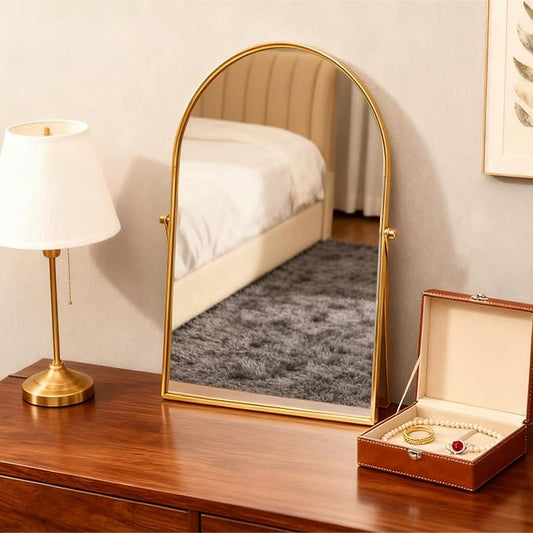 Golden Metal Mirror Vanity Table Desk Arch Makeup Bathroom Mirror Rotation Framed Standing Mirrors 90°Adjustable Room Decor for Living Room,Bedroom,Tabletop