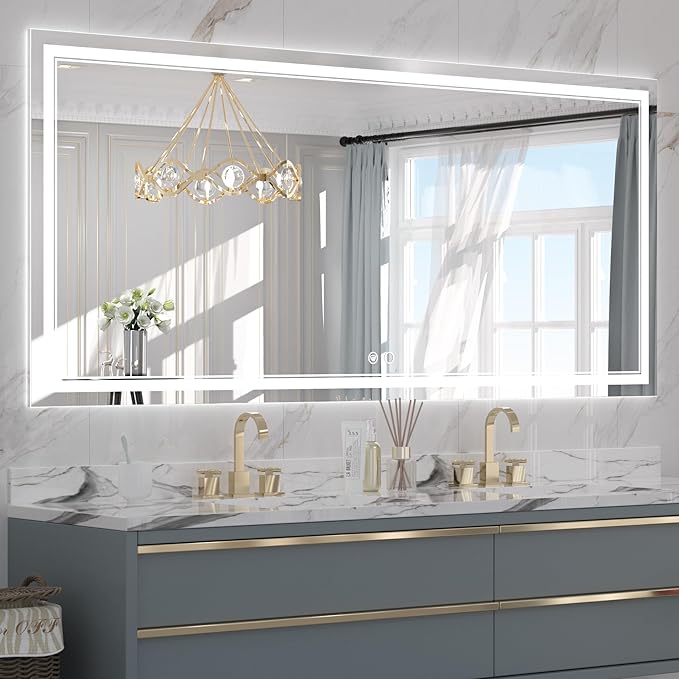 Keonjinn 72 x 32 Inch LED Bathroom Mirror with Lights, Large Wall Mounted Vanity Mirror, UL Listed LED Driver, HD Tempered Glass, Easy Installation, Anti-Fog, Memory Dimmable 6000K, CRI 90+