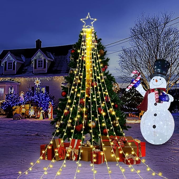 FUNIAO (New) Christmas Decoration Lights, 320 LED Waterfall Christmas Tree Lights with 12" Star Topper, 8 Modes Indoor Outdoor String Lights for Yard, Party, Home, Holiday (Warm White)