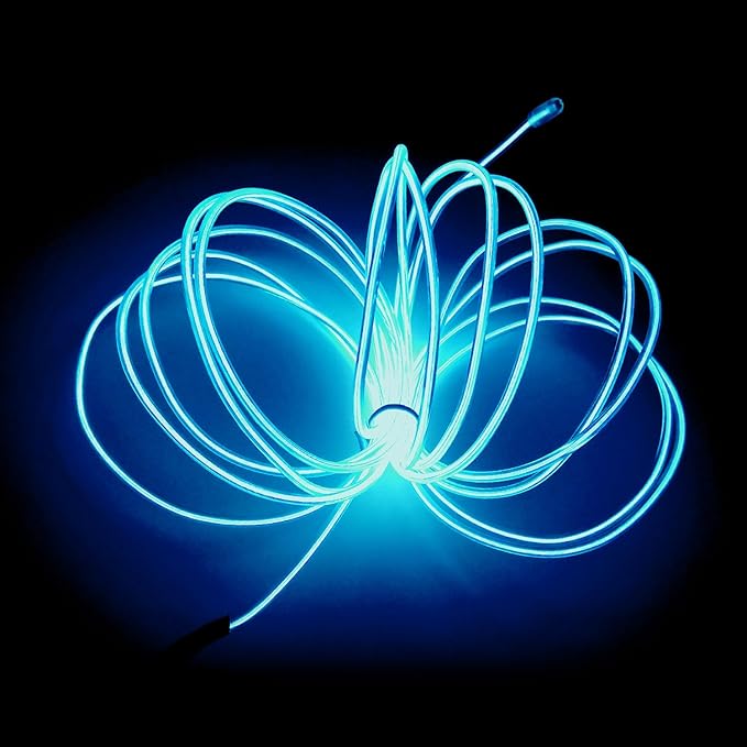 MaxLax EL Wire Ice Blue, 2M Portable Battery Pack Neon Light Strip 360° Cuttable Glowing Rope Lights for Parties, Halloween, DIY Decoration