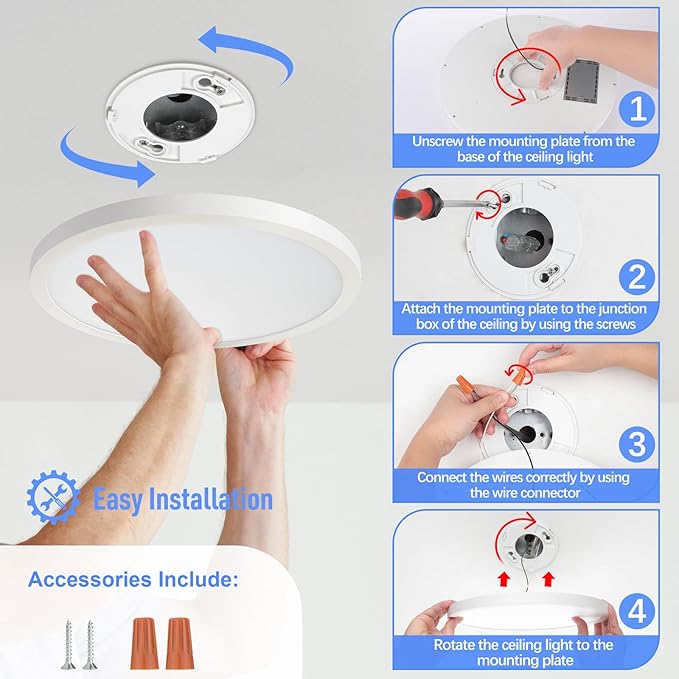 SunRider 4-Pack LED Flush Mount Ceiling Light Fixture, 5000K Daylight White, 2400LM, 12 Inch 24W Round Flat Recessed Lamp, 240W Equiv., Non-Dimmable