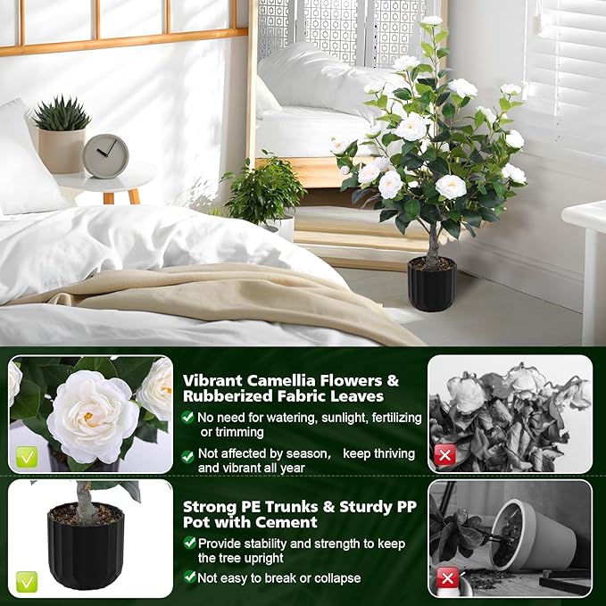 Hananona 2 Pcs Artificial Camellia Trees Faux Camellia Plant in Pot with Flowers Indoor Plants for Spring Home Decor Outdoor Porch Front Door Decor (White, M)