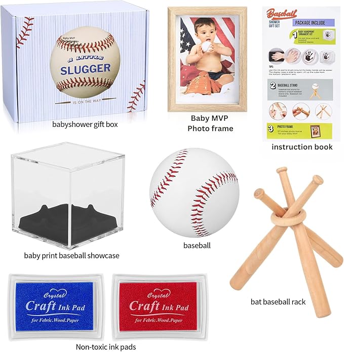 Baby Handprint & Footprint Kit with Photo Frame, Baseball Stand & Display Case – Perfect Newborn Keepsake, Baseball Baby Shower Gifts New Dad First Parent's Father's Day Gift