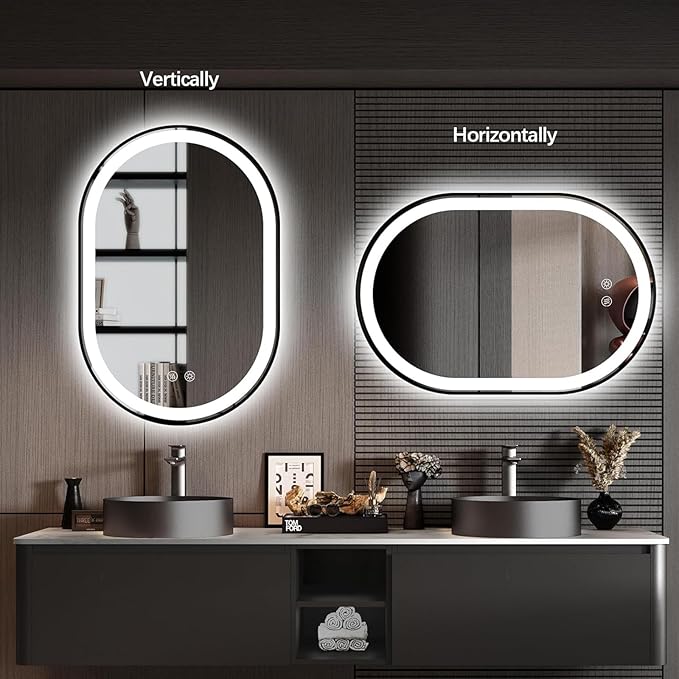 Niccy Oval LED Mirror for Bathroom, 36x24 Front Lit + Backlit Vanity Mirrors with Light Anti-Fog, Shatter-Proof, 3 Colors, Makeup Mirror with Black Frame (Horizontal/Vertical)