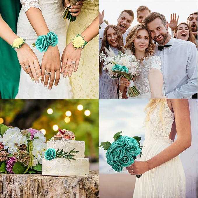 JOYLEX Artificial Flowers Realistic Roses, 50pcs Real Looking Fake Roses with Stem for DIY Wedding Bouquets Centerpieces Bridal Shower Party Home Romantic Decorations (50pcs, Dark Turquoise)