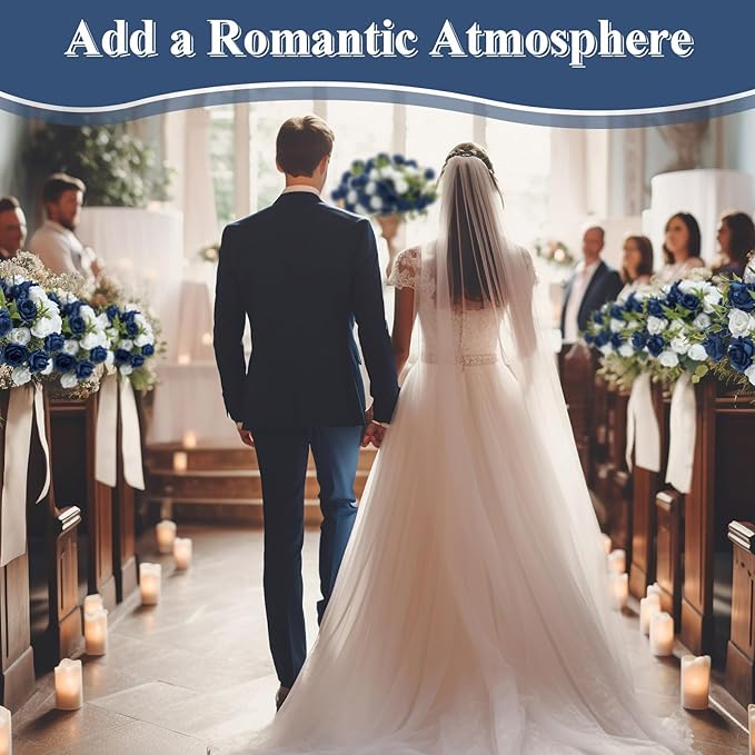 Zeyune 8 Pack 12 Inch Wedding Bouquets for Bride Bridesmaid Dark Blue and White Artificial Rose Bouquet Fake Silk Roses Flowers Bunches Bulk for Home Office Garden Parties Decoration