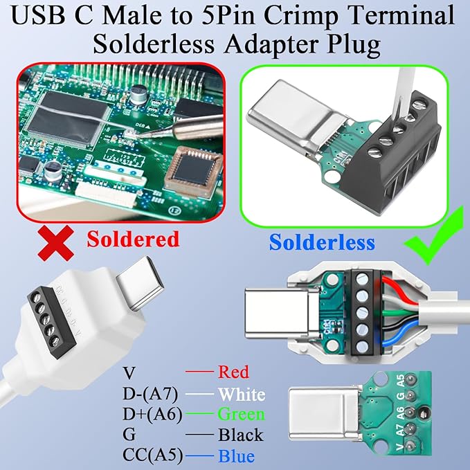 QIANRENON PD60W USB C 5Pin Crimp Solderless Adapter USB Type C Male to 5Pin Terminal Fast Charging Data Connector 480Mbps USB C No Solder Plug, 20V 3A, for DIY Repair Type C-C Charge Cable