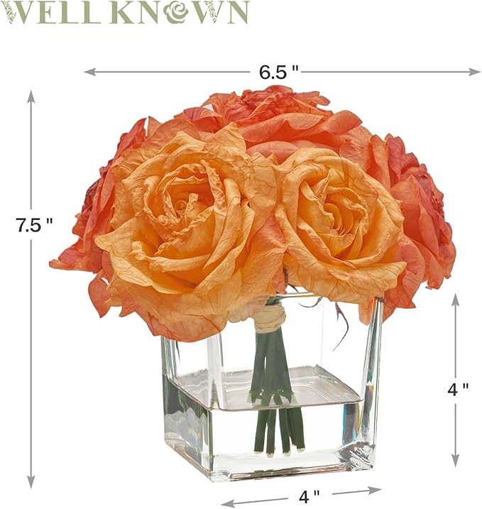 WELL KNOWN Rose Artificial Flowers in Vase with Faux Water, Silk Rose Table Centerpieces for Home Coffee Table Decor, Fake Roses Flower Arrangements for Office Hotel Lavatory Decor (Burnt Orange)