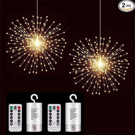 2 Pack Starburst Sphere Lights,200 LLED Firework Lights, 8 Modes Dimmable Remote Control Waterproof Hanging Fairy Light, Copper Wire Light for Patio Parties Christmas (Battery Operated)