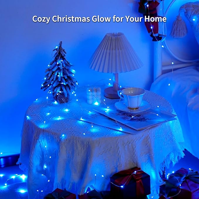 JMEXSUSS 4 Pack 50 LED Fairy Lights Battery Operated Silver Wire 16.1ft Waterproof Blue Christmas Lights for Party Wedding Indoor Outdoor Decorations