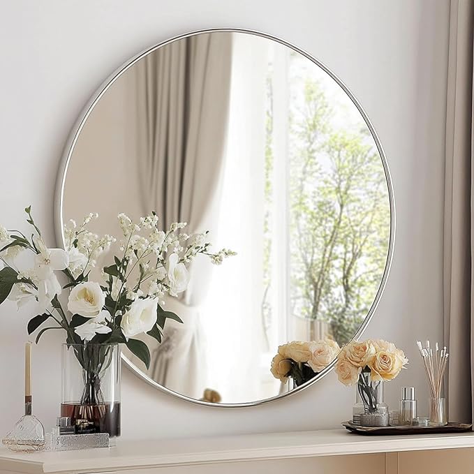 Silver Round Mirror, Silver Round Mirror 24 inch, Circle Bathroom Mirrors Metal Frame, Circle Mirrors for Wall, Over Sink, Bathroom, Living Room, Vanity.