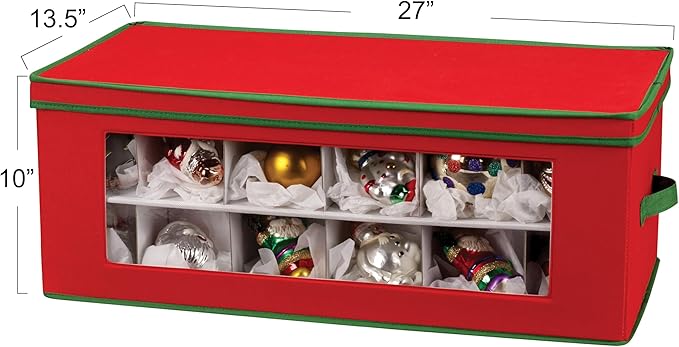 Household Essentials Ornament Storage Box, 36 Piece with Dividers, Sturdy and Stackable with Handles and Clear Plastic Window, Red Polyester Linen with Green Trim