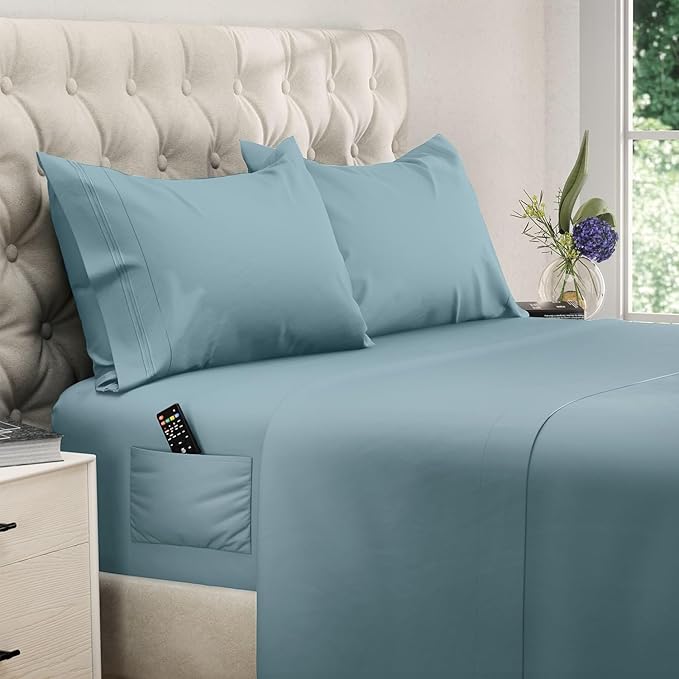 DREAMCARE Queen Size Sheets - Cooling Bed Sheets - 4pcs Set - up to 15" Deep Pocket Queen Sheet Set - Sheets Queen Size Bed - Soft & Long Lasting 100% Fine Microfiber with Side Pocket - Mineral Blue