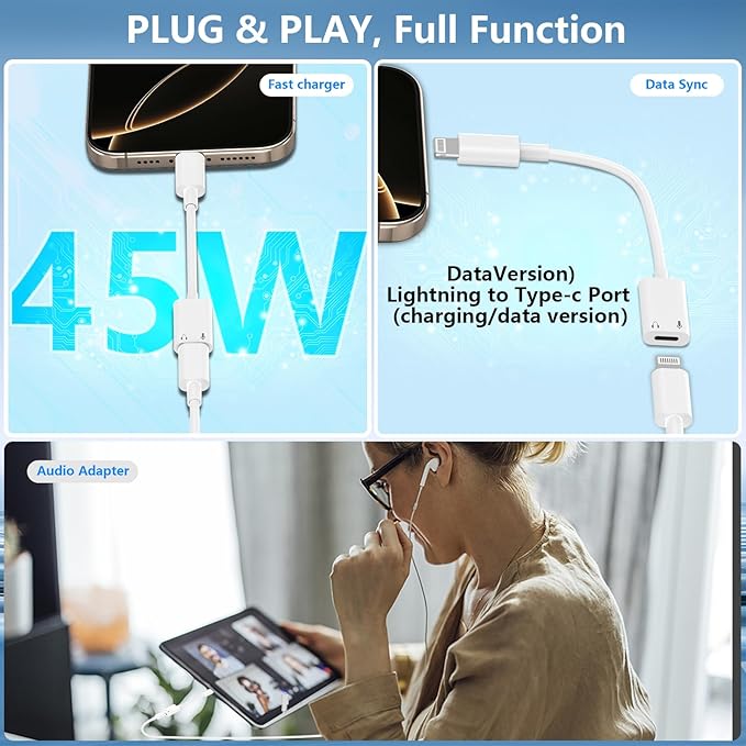 [Apple MFi Certified] USB-C to Lightning Adapter for iPhone 17 16, 27W PD Fast Charging/Audio/Call Data Sync Full Function Connector for iPhone 17, Air, 17/16Pro, 15 Pro Max, iPad Air Mini Pro
