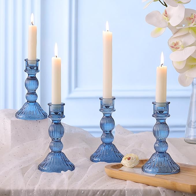 DARJEN Blue Candlestick Holders Set of 4 - Vertical Stripe Glass Candle Holders for Candlesticks and Taper Candles, Taper Candle Holder for Wedding Shower, Party, Dinner Table Decor