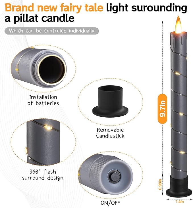 Da by 3 Pcs Flickering Flameless Battery Operated Taper Candle-Window Candles with Remote and Time-LED 3D Dynamic Flame-9.6 Inches for Wedding, Party,Home Decoration-Grey