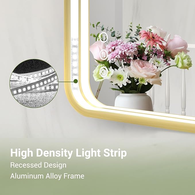 LED Bathroom Mirror with Lights, 32x32 Inch Gold Metal Framed LED Mirror for Bathroom, 3 Colors and Stepless Dimmable Wall Mounted Lighted Bathroom Vanity Mirror, Anti-Fog, Memory