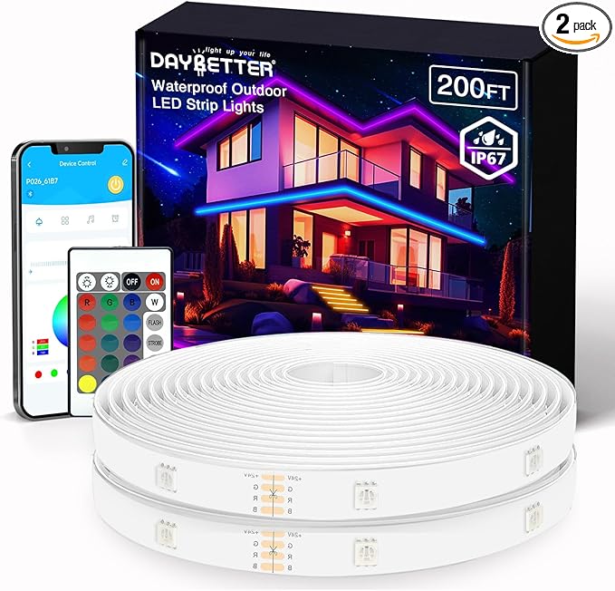 Outdoor LED Strip Lights Waterproof, 200ft IP67 Waterproof LED Light Strips with Remote, App Control, Music Sync RGB Exterior LED Rope Lights for Eaves, Roof, Balcony, Deck, Pool, Outdoor Decorations
