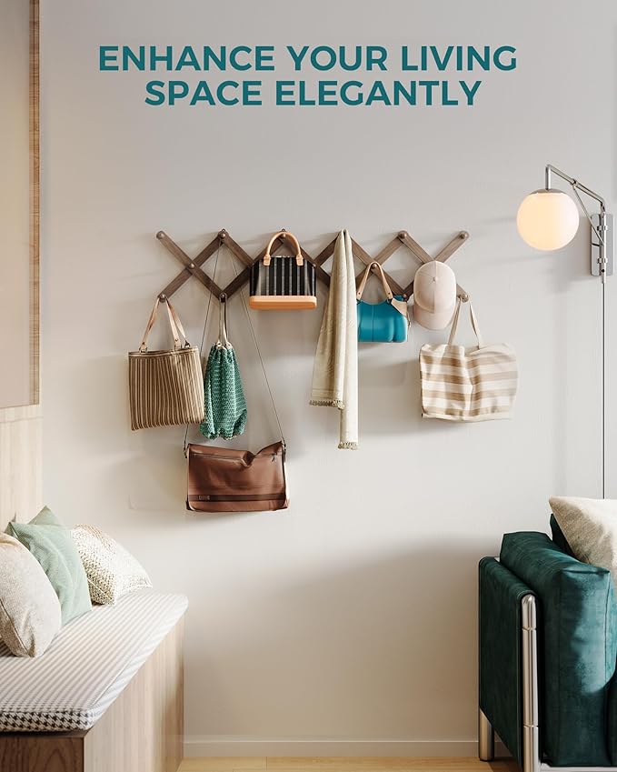 OROPY Wood Accordion Wall Hanger, Expandable Coat Rack Wall Mount with 17 Pegs, Expanding Hat Rack for Wall Walnut Color