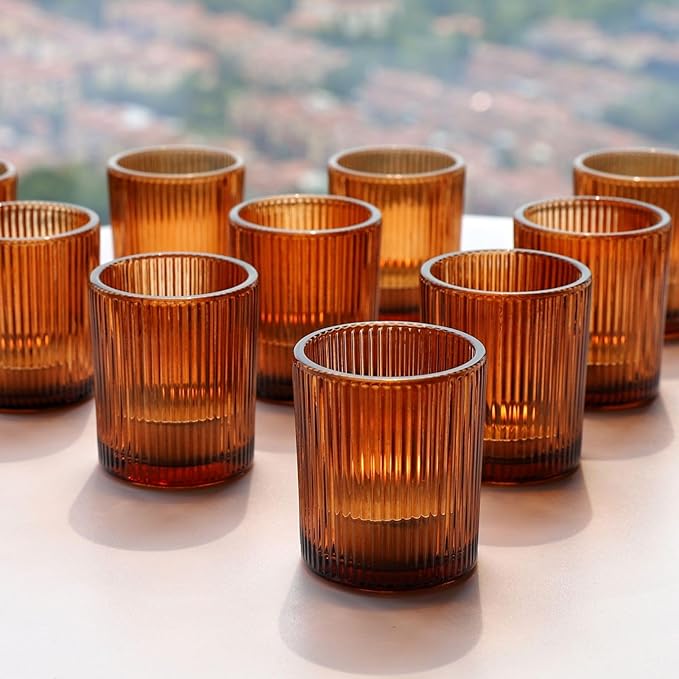 VOHO 24pcs Votive Candle Holders Bulk Wedding Centerpieces for Tables, Amber Tea Lights Candle Holder for Home/Fall Decor, Glass Ribbed Votive Candle Holder Gift Idea