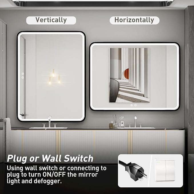 40X30 Inch Black Bathroom Mirror with LED Lights,Metal Frame Lighted Vanity Mirror,Anti Fog Design&Dimmable&Touch Switch, Wall Mounted Makeup Mirror for Home Decor(Horizontal/Vertical)