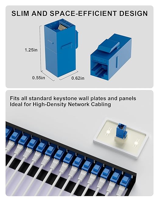 RJ45 Coupler Cat6 Keystone Jack 40-Pack, Female to Female UTP Inline Ethernet Network Coupler for Wall Plates & Patch Panels – Blue