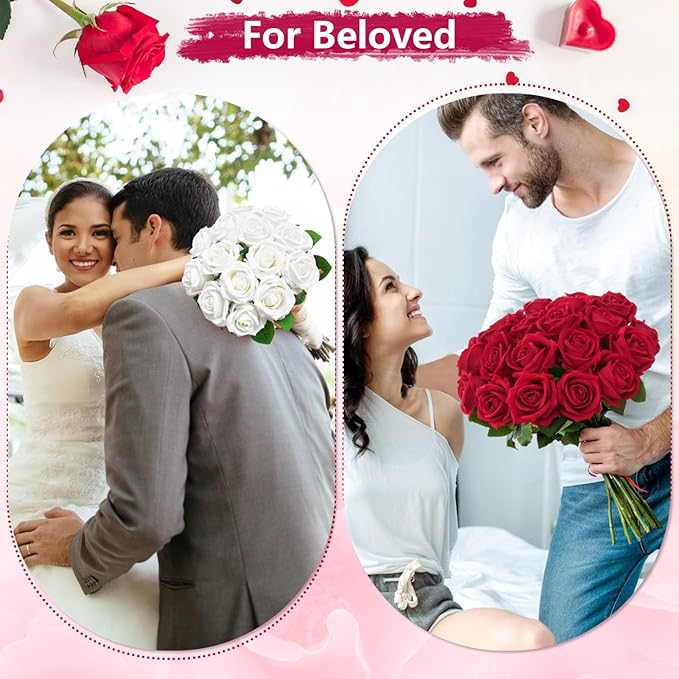 BLEUM CADE 200 Pcs Red Roses Artificial Flowers, Real Touch Velvet Roses Fake Flowers Bulk, Artificial Roses Bouquet with Long Stems Bridal DIY Wedding Party Centerpiece Decorations