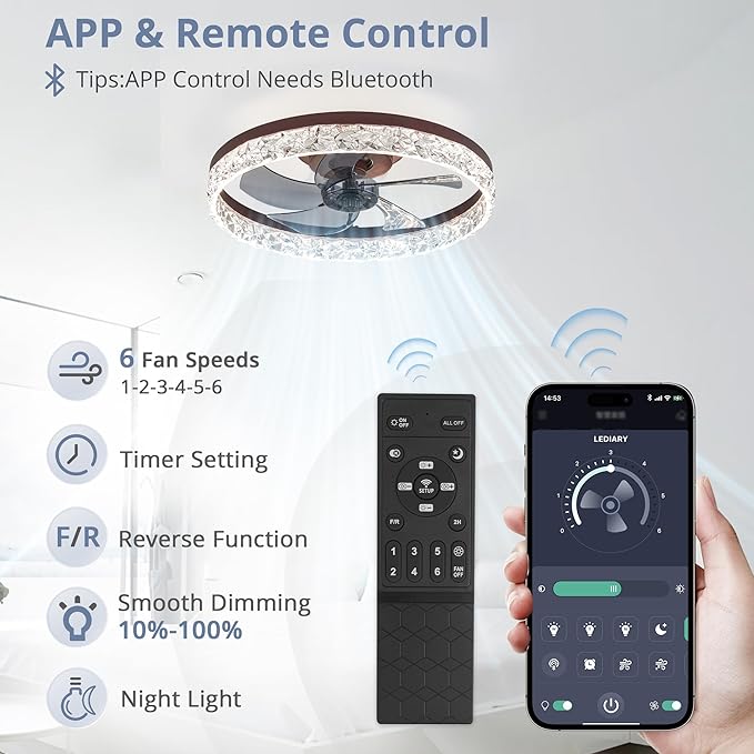 LEDIARY 20" Modern Ceiling Fans with Lights and Remote, Dimmable Low Profile Ceiling Fan, Flush Mount Ceiling Fan, Stepless Color Temperature Change and 6 Speeds - Brown